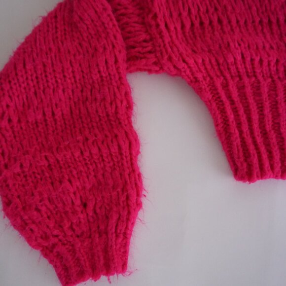 Urban Outfitters Hot Pink Chunky Knit Cardigan Bubble Sleeve Bold Barbie XS - Picture 7 of 9